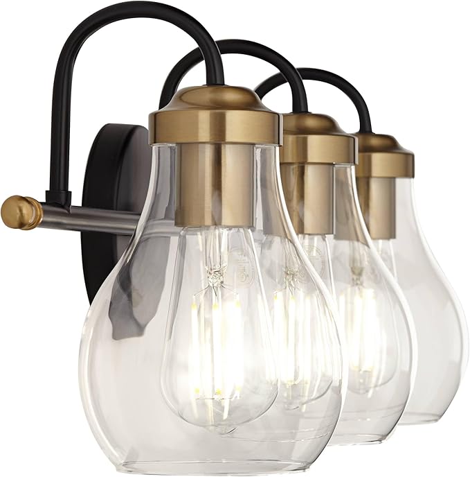 Possini Euro Design Brade Industrial Modern Wall Light Black Gold Hardwired 22 3/4" 3-Light Fixture Clear Glass Shades for Bedroom Bathroom Vanity Reading Living Room Hallway House Home Decor