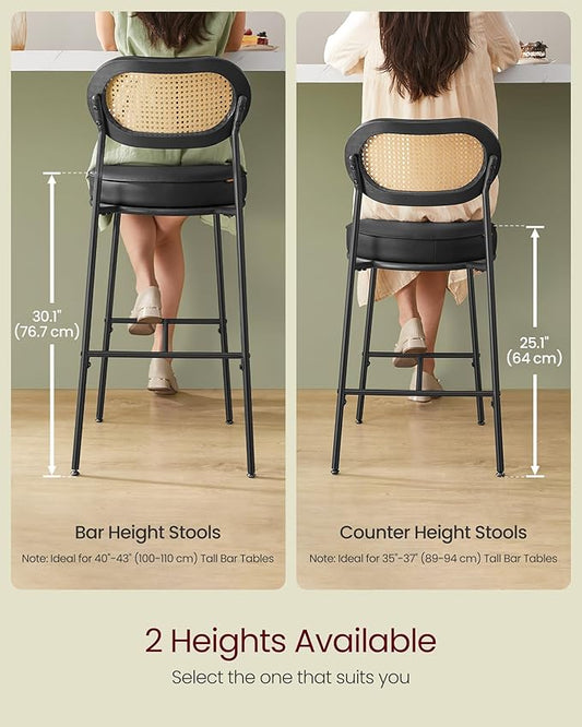 VASAGLE Bar Stools Set of 2, Bar Height Stools with Rattan Back and Metal Legs, 30.1-Inch Tall Counter Chairs, Modern Leather Upholstered Barstools for Kitchen Island Dining Room, Ink Black