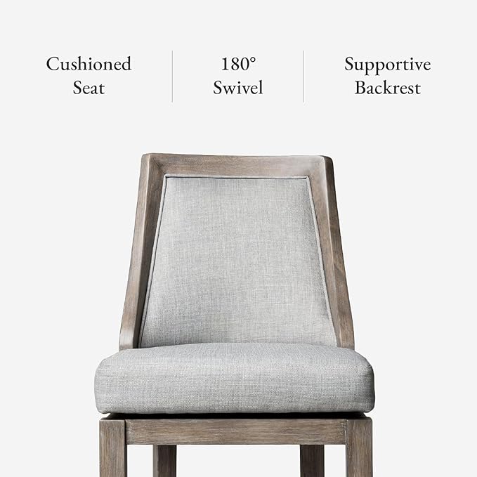 Maven Lane Vienna Counter Stool 26 Inches High – Swivel Stool with Footrest – Grey Solid Wood and Grey Fabric Upholstery – Perfect for Kitchen Islands and Counters
