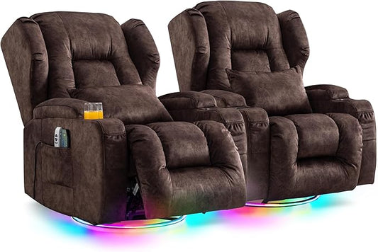 Power Swivel Rocker Recliner Chairs, Electric Wall Hugger Reclining Sofa with Massage & Heat, Comfy Theater Seating Single Chair with LED Light/USB/Type-C Ports (Velvet Brown, Set of 2)