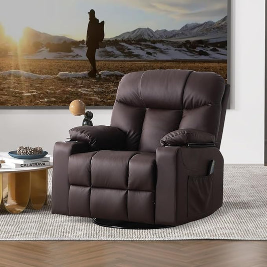 Bonzy Home Swivel Rocker Recliner with Heating and Massage, 40" Manual Rocker Recliner Chair, PU Leather Single Sofa with 2 Cup Holders for Living Room Bedroom, Brown