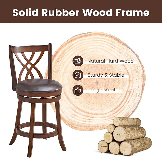 COSTWAY Bar Stools Set of 4, 360° Swivel Chairs with Rubber Wood Frame, 26 in PU Leather Cushioned Seat and Footrests, for Kitchen Island, Dining Room, Bar (Brown-26 inches, 4 stools)