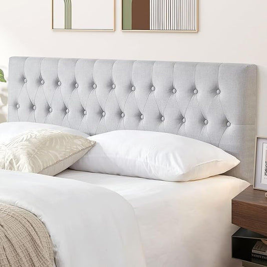Kingfun Upholstered Tufted Twin Bed Headboard in Modern Button Design, Adjustable Solid Wood Head Board, Premium Linen Fabric Padded Headboards in Bedroom, Grey
