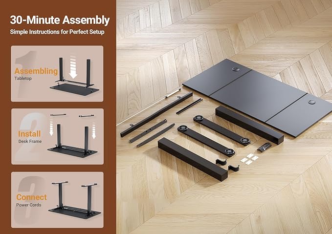 Seang Electric Height Adjustable Standing Desk, 48 x 24 Inch Sit-Stand Workstation with T-Style Frame, 3 Memory Height Options & Built-in Cable Management for Home Office, Black Frame/Black Top