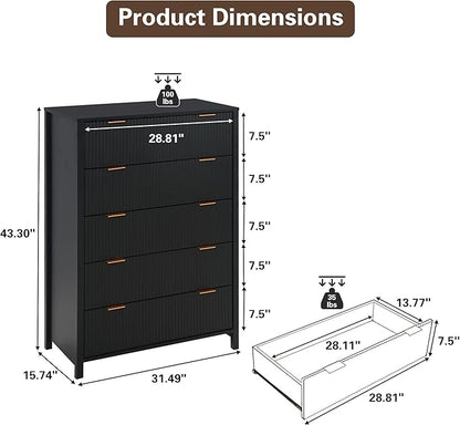 Fluted 5 Drawer Tall Dresser for Bedroom, Mid Century Modern Nightstand with Drawers, Tall Bedside Table for Closet Cloth, Living Room End Table with Storage for Dorm -Black