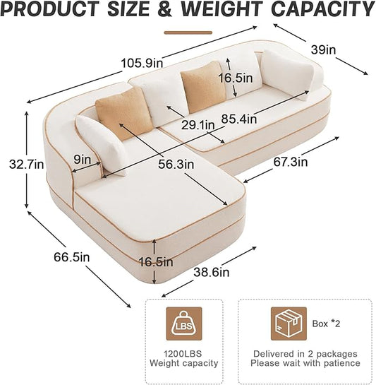 Cloud Sectional Sofa Modern Boneless Couch for Living Room, Comfy Deep Seat Comfy Teddy Fabric Double Sofa Chaise No Assembly Required (White, 106" L Shape with Left Facing)
