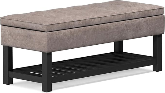 SIMPLIHOME Cosmopolitan 44 inch Wide Transitional Rectangle Storage Ottoman Bench with Open Bottom in Distressed Grey Taupe Vegan Faux Leather, Assembled for the Living Room and Bedroom