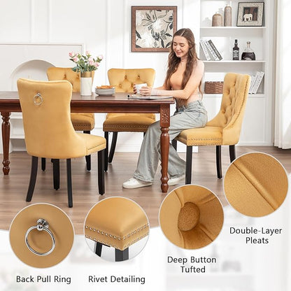 Velvet Dining Chairs Set of 6, Tufted Dining Room Chairs with Nailhead Ring Pull Trim, Upholstered Dining Chairs with Solid Wood Legs for Kitchen Dining Room (Gold)