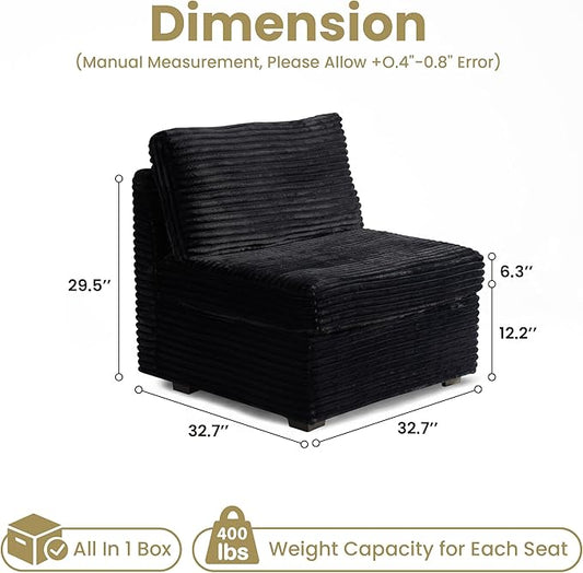 32.7'' Middle Seat for Modular Sectional Sofa, Deep Seat Upholstered Armless Chair Sleeper Sofas, L/U/V Shaped Plush Corduroy Cloud Couch for Living Room Apartment, Black
