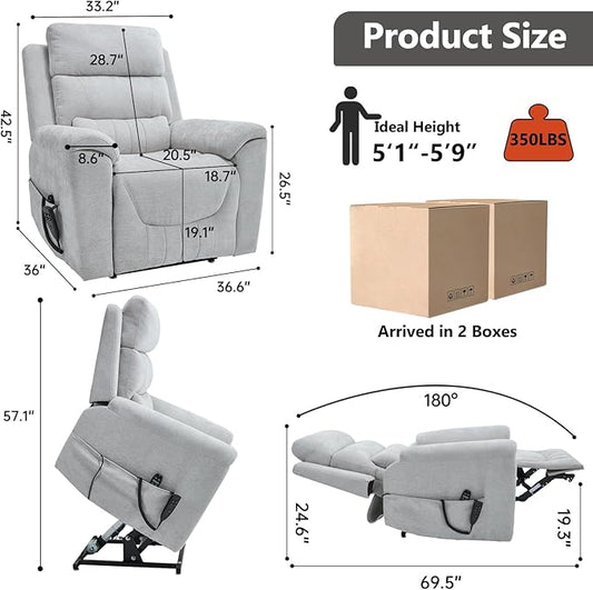 PELUMY Power Lift Recliner Chair for Elderly with Massage and Heat, Dual Motor Heavy Duty 350lbs Recliner, 8-Point Vibration & Lumbar Heating, Electric Lift Chair (Chenille, Light Grey)