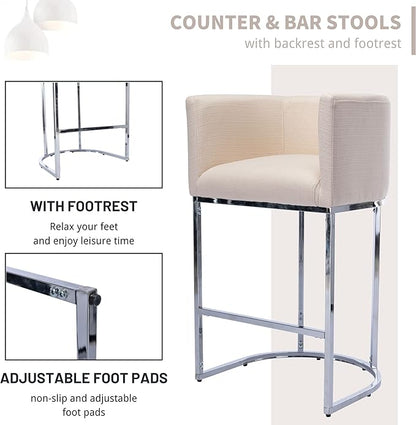 Contemporary Cream Linen Bar Stool, 29" Upholstered Fabric Counter Height Barstool Kitchen Counter Island Stool with Screwed Together Chrome Finish Base