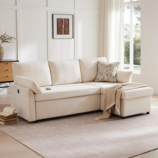 Waxberry Sectional Sofa Couch, Pull Out Couch Sleeper Sofa Bed with Storage for Living Room, Reversible Chaise, Side Pockets & Dual USB/Type-C Ports,Includes 1 Blanket, Beige