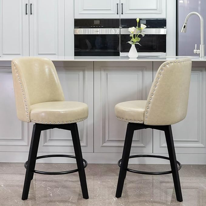 MINCETA Bar Stool, PU Leather Barstool, 26 Inch Upholstered Counter Stool with High Back and Footrest, Swivel Counter Height Barstool for Kitchen Island Home Bar Khaki