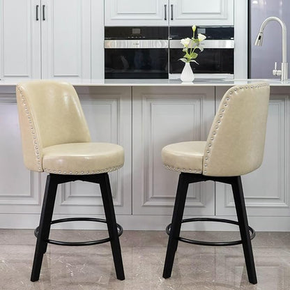 MINCETA Bar Stools Set of 4, PU Leather Barstools, 26 Inch Upholstered Counter Stools with High Back and Footrest, Swivel Counter Height Barstools for Kitchen Island Home Bar Khaki