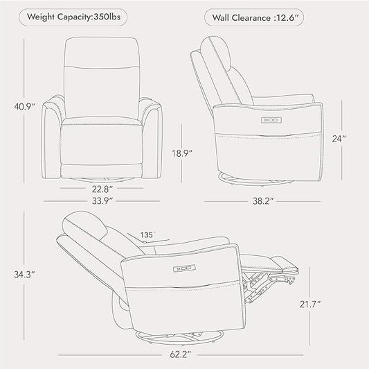 Watson & Whitely Genuine Leather Power Recliner Chairs for Adults, Swivel Glider Recliner Chair for Living Room with Charging Ports, Dark Brown