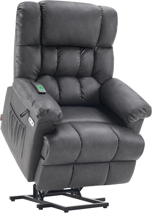 MCombo Power Lift Recliner Chair Sofa with Massage and Heat, Adjustable Headrest, 3 Positions, USB Ports, for Elderly People, 7533 (Faux Leather, Dark Gray)
