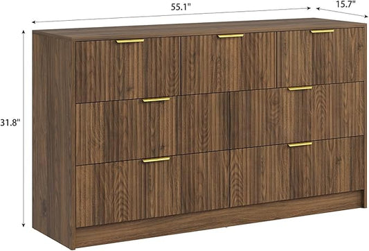 7 Drawers Dresser for Bedroom，55" Wide Fluted Dresser with Deep Drawers, Modern Chest of Drawers, Mid Century Wood TV Stand Storage Organizer for Closet, Living Room, Hallway, Natural