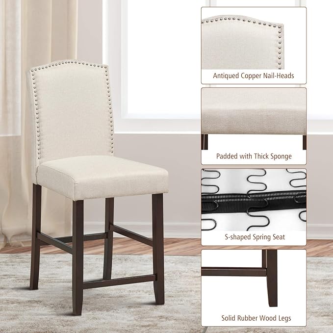 COSTWAY Bar Stools Set of 2, 25'' Upholstered Counter Height Bar Stools with S-Shaped Spring Thick Cushion, Rubber Wood Legs, High Back Leisure Chairs for Living, Kitchen, Dining Room (Beige, 2)