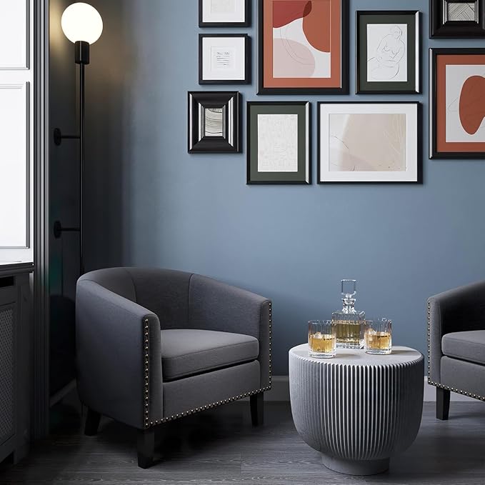 BELLEZE Accent Barrel Chair Set of 2, Modern Tub Club Chair Upholstered Armchair with Gold Nail Head Trim and Black Legs for Living Room Bedroom Apartment Lounge - Gray/Linen