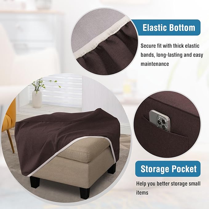 H.VERSAILTEX Thick Durable Linen Look Ottoman Cover Square Fit Length 18"-19" Footrest Folding Storage Stool Furniture Protector Soft Slipcover for Living Room with Elastic Bottom - Heather Chocolate