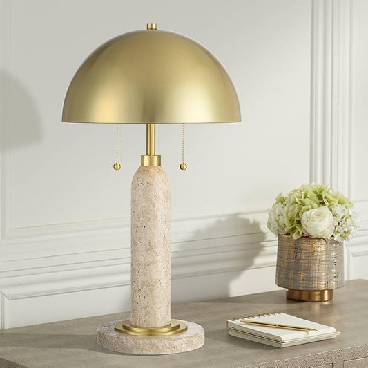 Possini Euro Design Chanterelle 24 1/2" High Mushroom Mid Century Modern Table Lamp Pull Chain Beige Faux Stone Finish Single Brass Dome Shade Living Room Bedroom Bedside Nightstand House Office
