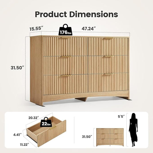 Amada Modern 6 Drawer Dresser, Fluted Wood Chest of Drawers with Rounded Corners, Pre-Installed Drawer Slides, Dresser TV Stand and Storage Organizer for Bedroom, Hallway, Natural Oak