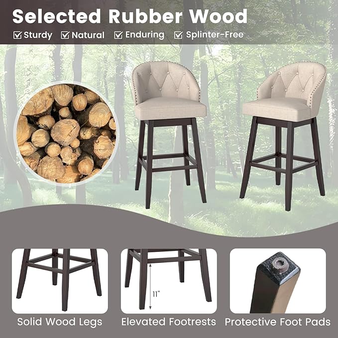 COSTWAY Bar Stools Set of 4, 31’’ Swivel Bar Stools with Rubber Wood Legs & Padded Back, Breathable Linen Fabric, Stylish Tufted Design & Rivet Decoration, Adjustable Foot Pads (4, Beige + Brown)