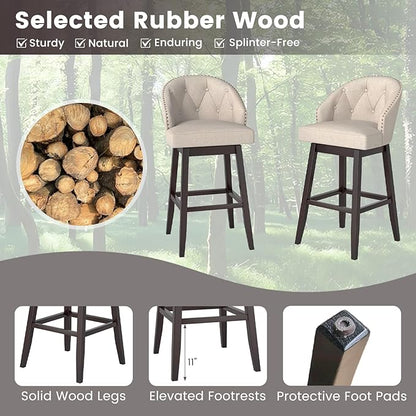 COSTWAY Bar Stools Set of 4, 31’’ Swivel Bar Stools with Rubber Wood Legs & Padded Back, Breathable Linen Fabric, Stylish Tufted Design & Rivet Decoration, Adjustable Foot Pads (4, Beige + Brown)
