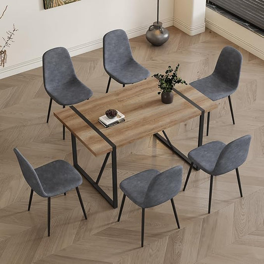 6 Chair Dining Table Set，Dinner Table Set for 6, 55'' Kitchen Table and Suede Nap Fabic Chairs Set of 6, 7 Piece Dining Table Set for Kitchen Dining Room