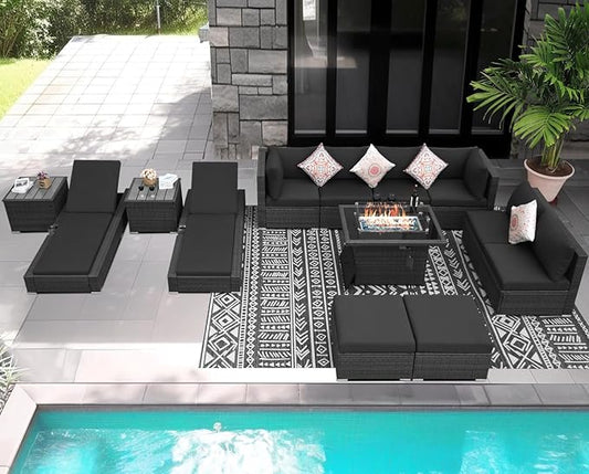 NICESOUL 13 Piece Outside Patio Set with Firepit Table, Luxury Full Size Outdoor Sectional Sofas with Pool Loungers, Oversized 29.3" Highback Wide Deep Backyard Fire Pit Seating for 10, Dark Grey