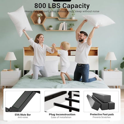 Queen Bed Frame, Wood Platform Bed Frame with Storage Headboard, Charging Station, Modern Bedframe Queen Size, 800lbs Capacity, Metal Slat Support, Noise-Free, No Box Spring Needed, White