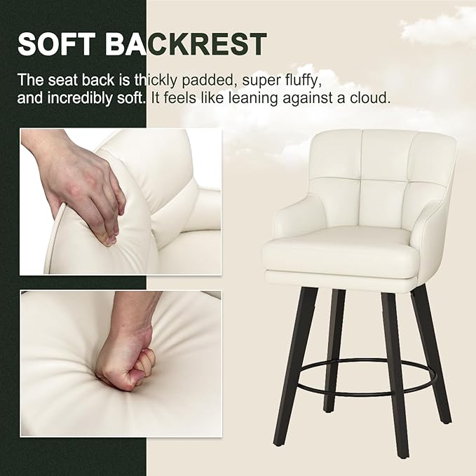 360°Swivel Counter Height Bar Stools with Back, 26 inch Solid Wood Legs, Bar Stool Modern Kitchen Island Chairs, Faux Leather (Beige- Faux Leather, 26" H- Set of 1)