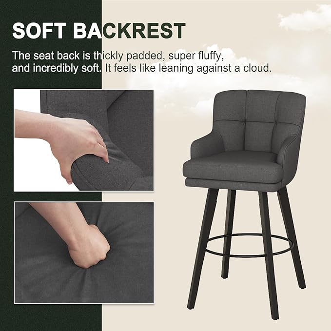 360°Swivel Counter Height Bar Stools with Back, 30 inch Solid Wood Legs, Bar Stool Modern Kitchen Island Chairs, Fabric (Black Grey- Fabric, 30" H- Set of 3)