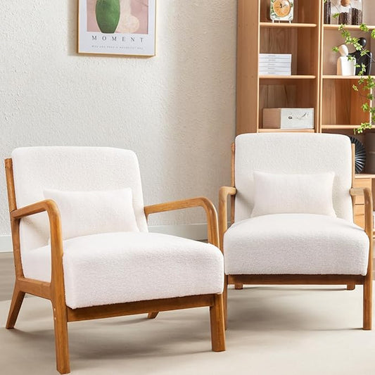 Accent Chair Mid Century Modern Chair Sherpa Fabric Living Room Chairs with Solid Wood Frame Comfy Upholstered and Lumbar Pillow Reading Side Chair Easy Assembly for Bedroom (2, White)