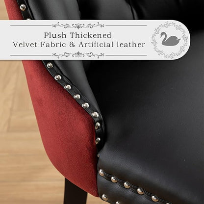 Leather Upholstered Dining Chairs Set of 6, Modern Style Kitchen Side Chairs with Nailhead Trim and Wood Leg, Metal Pulling Ring for Dining Room Living Room(Black&Wine Red)