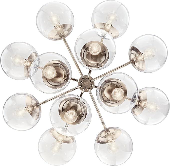 KICHLER Silvarious 12-Light Convertible Chandelier, Soft Modern Light with Clear Glass in Polished Nickel, for Dining Room, Living Room, Bedroom or Foyer (22.25" x 30"), 52701PNCLR