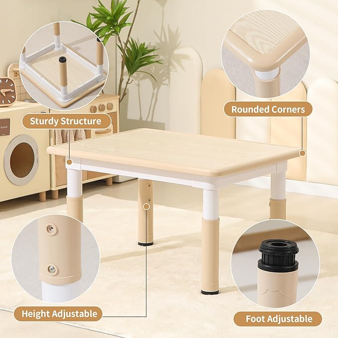 Toddler Table and 2 Chairs, Height-Adjustable Kids Table and Chairs Set, 31.5''L x 23.6''W Children Activity Table for Boys and Girls Aged 3-8