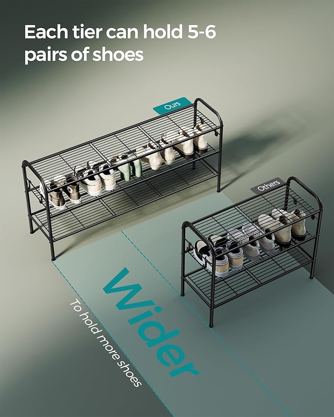 SONGMICS Shoe Rack, 3-Tier Shoe Organizer, Metal Shoe Shelf Storage with 4 Side Hooks, Holds 18 Pairs of Shoes, Height-Adjustable Shoe Rack for Entryway, Hallway, Closet, Easy Assembly, Ink Black