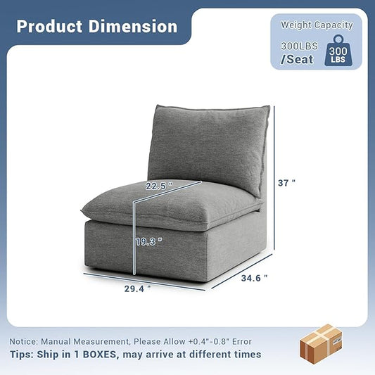 Cloud Middle Sectional, Waterproof Down Filled Sectional Sofa, High Backrest Modular Sectional Couches for Living Room, Modern Modular Couch with Removable Cover, Dark Gray