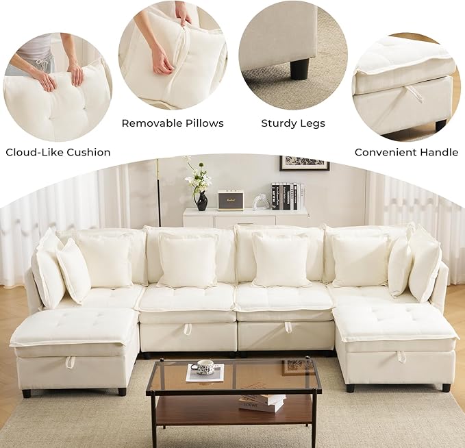 103" Modular Sectional Sofa, L-Shaped Corduroy Comfy Sectional Couches for Living Room, 3-Seater Cloud Couches with 1 Ottoman, Modern Deep Seat Sofa with Large Storage, Beige