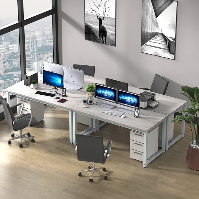 NSdirect 63" Large Computer Desk,Modern Simple Style PC Table Office Desk Wide Workstation for Study Writing,Gaming and Home Office,Extra 1" Thicker Wooden Tabletop and Black Metal Frame,Stone White