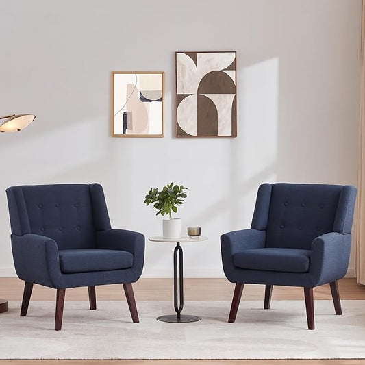 HUIMO Accent Chairs Set of 2,Upholstered Button-Tufted Linen Living Room Chairs,Mid Century Modern Armchair with Fabric,Comfy Arm Chairs for Club Living Room Reading Bedroom,Waiting Room Dark Blue