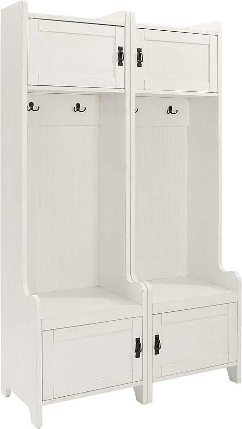 Crosley Furniture Fremont 2-Piece Hall Tree Entryway Set with Storage Cabinets and Coat Rack Hooks, Distressed White