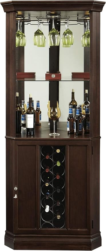 Howard Miller Piedmont III Corner Bar Cabinet – Traditional Espresso Home Bar Storage with Glass Door Bottle Organizer Adjustable Lighting & Space-Saving Design USA Made Luxury Bar Cabinet