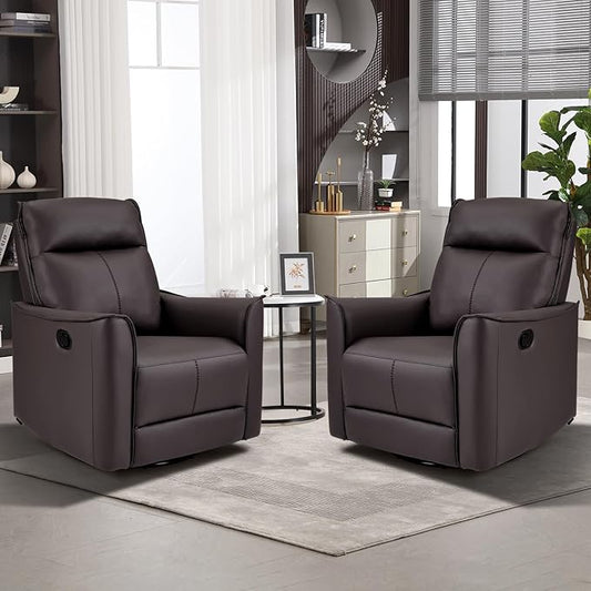 CANMOV Swivel Rocker Recliner Set of 2, Glider Rocking Chair, Nursing Chairs Swivel Glider Recliners with Soft Backrest, Leathaire Manual Reclining Sofa for Living Room Bedroom Apartment, Dark Brown