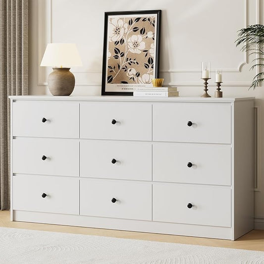 9 Drawer Dresser for Bedroom, 59" Wide White Chest of Drawers, Wooden Dresser with 9 Drawers with Ample Storage, Modern Storage Organizer for Hallway,Nursery