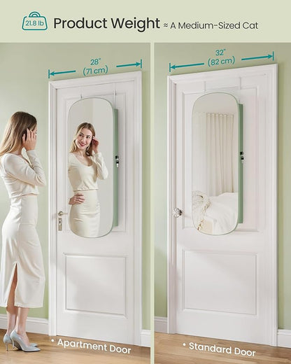 SONGMICS Jewelry Organizer, LED Jewelry Cabinet Wall/Door Mounted, Lockable Rounded Wide Mirror with Storage, Christmas Gift 3.9 x 16.5 x 42.5 Inches, Laurel Green Surface with Cream White Lining
