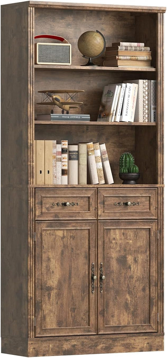 72'' Tall Bookcase with Doors and Drawers, Adjustable Shelves, P2 MDF Construction, 32'' Wide Freestanding Cabinet with Metal Handles, Hidden Storage for Living Room, Bedroom, Brown