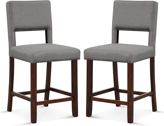 COSTWAY Bar Stools Set of 2, Linen 24.5 Inch Counter Height Chairs with Hollowed Backs, Rubber Wood Legs, Upholstered Barstools for Kitchen Island Home Bar Pub Dining Room, Grey