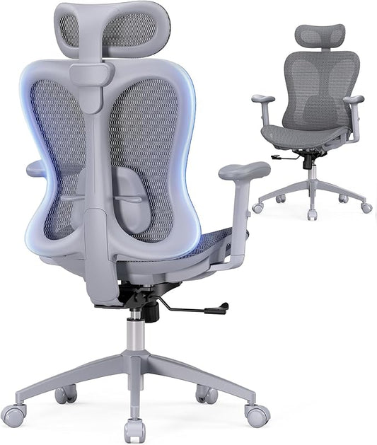Ergonomic Office Desk Chair, Comfortable Computer Gaming Chair, Breathable Mesh Back & Seat, Adjustable Armrest & Headrest, Lumbar Support, Butterfly Design for Home Office (Gray)